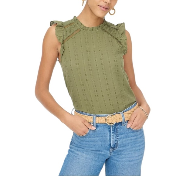 J Crew Factory White Flutter Sleeve Clip Dot Cotton Womens Size S Blouse - Picture 3 of 12